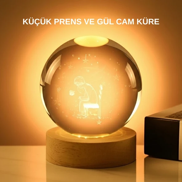 8 cm Küçük Prens Cam Küre USB Işıklı Ahşap Tabanlı Dekor ürün görseli 1