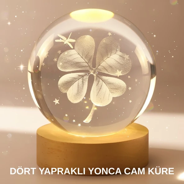 Bitki Temalı LED Işıklı Cam Küre Ahşap Standlı Modern Gece Lambası ürün görseli 1