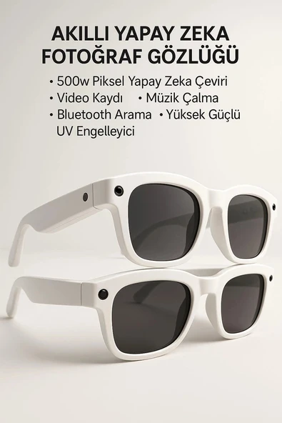 Beyaz Yapay Zeka Akıllı Gözlük Çeviri Sesli Asistan Kamera Bağlantılı Premium ürün görseli 1