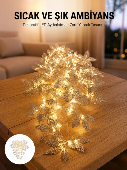 Gümüş Yaprak Tasarımlı LED Işık Pilli Ev ve Vitrin Dekoru ürün görseli 1