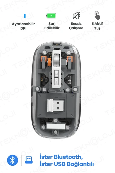 Bluetooth USB Çift Modlu Sessiz Mouse, Şeffaf Mıknatıslı Kapaklı, Type-C Şarjlı, DPI Ayarlı, Kablosuz 10m Çekim Mesafeli, Masaüstü Kısayol Tuşlu, Taşınabilir Şarjlı Mouse Siyah ürün görseli 1