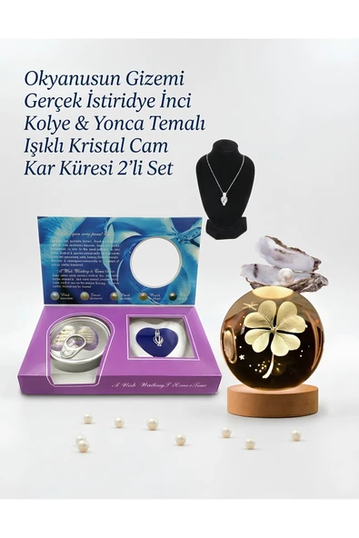 Wolawood Gerçek İstiridye İnci Kolye Hediye Seti & Işıklı Yonca Kristal Cam Kar Küresi Premium 2'li Set Takım ürün görseli 1