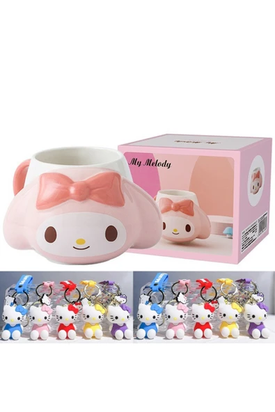 Wolawood Özel Üretim My Melody Tasarımlı Porselen Kupa Bardak Anahtarlık Hediyeli Şirin Set Kutulu 2'li Takım ürün görseli 1