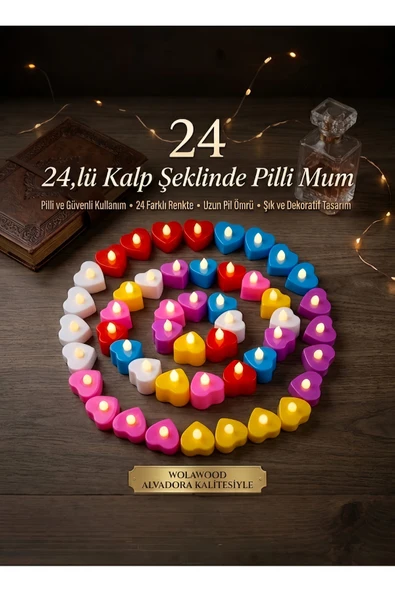 Wolawood Çok Renkli 24’lü Dikkat Çekici Kalpli Parti, Düğün, Nişan, Doğum Günü Süsleri & Led Pilli Mum Seti Romantik Işıklar Masa Süsleme Hediyelik Paket 24 Adet ürün görseli 1