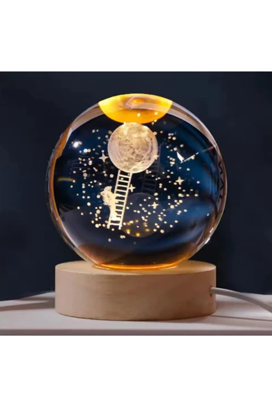 Wolawood 3D Kristal Cam Kar Küresi Merdivenli Astronot Temalı LED Işık USB Ahşap Taban Dekoratif Hediyelik ürün görseli 1