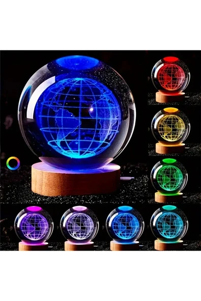 Wolawood Dünya Haritası Temalı 3D LED Renk Değiştiren Kristal Cam Kar Küresi USB Ahşap Standlı Hediyelik Seti ürün görseli 1