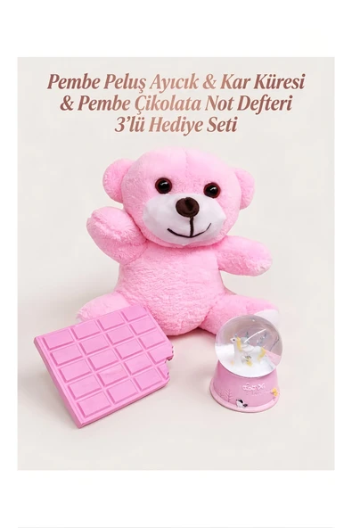 Wolawood Pembe Peluş Ayıcık Kar Küresi Kokulu Çikolata Temalı Not Defteri Romantik 3'lü Set Sevgiliye Hediye ürün görseli 1