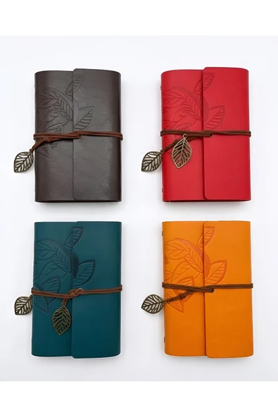 Wolawood Özel Seri Dört (4) Adet Deri Defter Yaprak Desenli, Eskitme Sayfa, Spiralli, Vintage Hatıra, Ajanda, Günlük Not Defteri Hediyelik Set ürün görseli 1