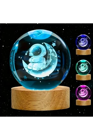 Wolawood Kristal Cam Kar Küresi 3D Hilalde Oturan Astronot RGB LED USB Ahşap Standlı Renk Değiştiren Özel Set ürün görseli 1