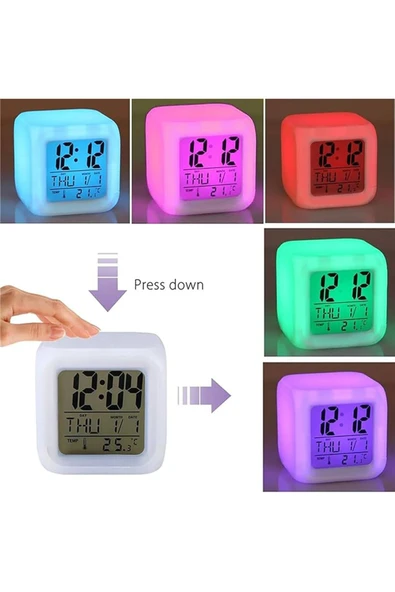 Wolawood Renk Değiştiren Led Işıklı Dijital Masa Saati Pilli Termometreli Alarmlı Fonksiyonlu LCD Küp Saat ürün görseli 1