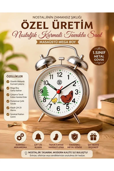 Wolawood Özel Üretim Nostaljik Kurmalı Saat Hareketli Tavuk Modeli~Çift Zilli Masaüstü Dekoru 1 Sınıf İşçilik Premium Gümüş Metal Gövde, Mekanik, Alarmlı Hediyelik Masa Saati ürün görseli 1