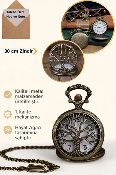Wolawood Özel Üretim Yaşam Ağacı Temalı Köstekli Cep Saati Nostaljik Hediye Zincirli Bronz Metal Tasarım Saat ürün görseli 1