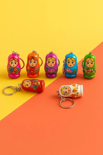 Wolawood Matruşka Anahtarlık 5'li Renkli Rus Bebek Ahşap Tasarım Sevimli Hediyelik Çanta Anahtar Aksesuarı ürün görseli 1