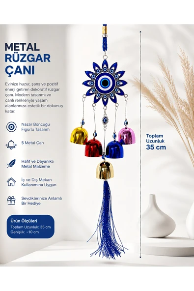 Wolawood Metal Rüzgar Çanı Nazar Boncuklu Dekoratif Kapı Duvar Süsü 35 CM Şık Dekor Çanlı Balkon Bahçe Ev Ofis Hediyelik ürün görseli 1