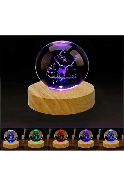 EXENET Kristal Cam Küre 3D Boyutlu Renkli USB Ahşap Taban Dekoratif Özel Hediyelik Eşya Süs Biblo Lamba Set ürün görseli 1
