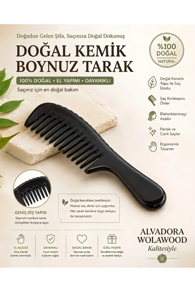 Wolawood Doğal El Yapımı Boynuz Tarak – Antistatik Geniş Dişli %100 Natural Kemik Tarak | Saç Açıcı Profesyonel Masaj Etkili Saç Bakım Tarağı ürün görseli 1