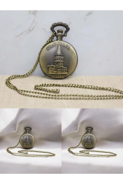 Wolawood Nostaljik Galata Kulesi Köstekli Cep Saati Osmanlı Tarzı Vintage Metal Zincirli Antik Saat Özel Seri ürün görseli 1