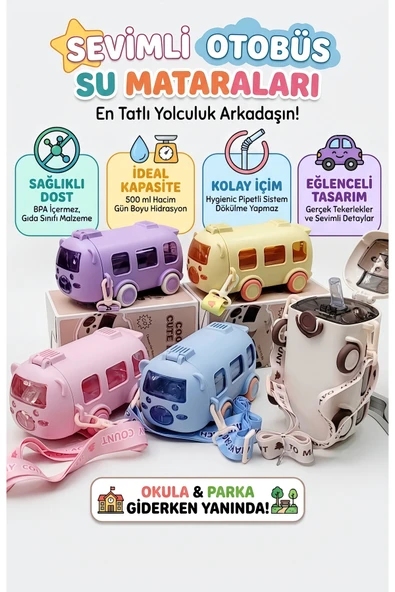 Wolawood Sevimli Otobüs Figürlü Park Okul Matarası 500-ML Askılı & Kilitli Kapak & Pipetli Suluk BPA Free ürün görseli 1
