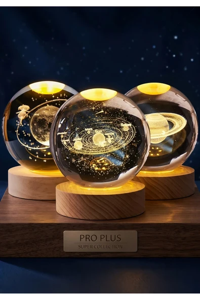 Wolawood High-Class 3`Lü Kristal Cam Kar Küresi Seti & LED Gün Işığı Top Lamba, USB Ahşap Taban {3~Adet} Özel Seri Dekoratif Hediyelik Takım ürün görseli 1