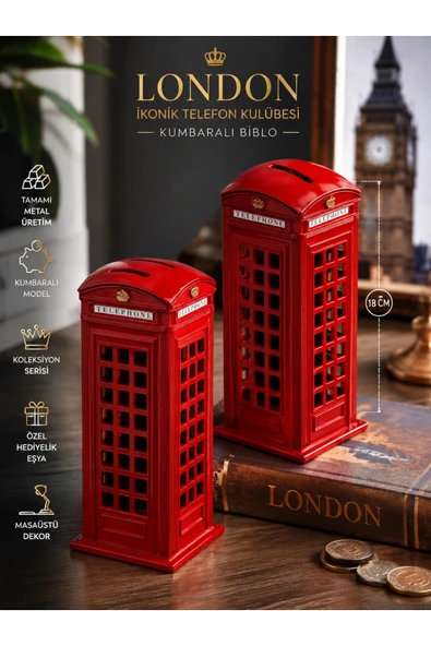 Wolawood İngiltere London İkonik Kırmızı Telefon Kulübesi, Biblo Kumbaralı Model, Tamamı Metal Üretim Koleksiyon Serisi Özel Hediyelik Eşya Masaüstü Dekor [18~Cm] ürün görseli 1