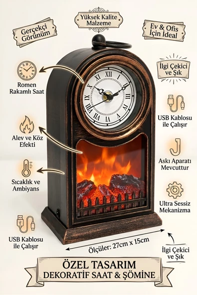Wolawood Alev Efektli Modern & Fonksiyonel Roma Saatli Şömine ~ USB Bağlantılı LED'li Ambiyans Dekoratif Set ürün görseli 1