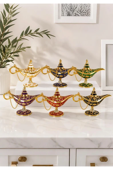 Wolawood 6’lı Alaaddin Sihirli Lamba Seti Mini Dekoratif Biblo\Renkli Osmanlı Tarzı, Taş İşlemeli Luxury Vintage Ev Ofis Masaüstü Hediyelik Dekor ürün görseli 1