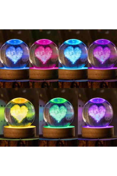 Wolawood Kalp Temalı 3D Kristal Cam Küre RGB Renk Değiştiren LED Işık USB Ahşap Standlı Hediyelik Kar Küresi ürün görseli 1