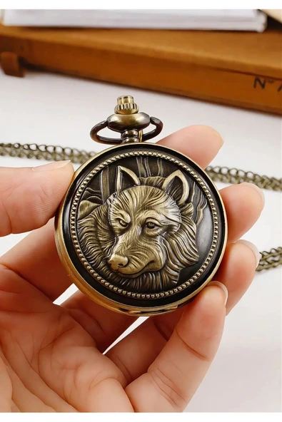 Wolawood Özel Üretim Bozkurt Temalı Köstekli Cep Saati, Vintage Retro Antik Tasarım, Zincirli Quartz Saat, Kurt Figürlü Koleksiyonluk Aksesuar Premium Hediyelik Nostaljik Luxury Seri ürün görseli 1