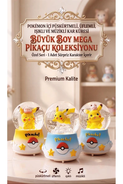 Wolawood Pokemon Püskürtmeli Işıklı Müzikli Kar Küresi - Büyük Boy Mega Pikaçu Figürlü Premium Kalite - Özel Seri Koleksiyonluk Hediye ürün görseli 1