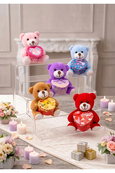 Wolawood Premium Kalitede Yumoş Peluş Ayıcık Teddy Oyuncak Özel Kalp Kutulu 25 CM (1-Adet) Random Renk Sevimli Yumuşak Romantik Hediyelik Peluş Ayı ürün görseli 1