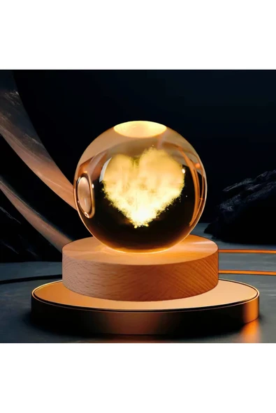 Wolawood Kalp Temalı 3D Kristal Cam Küre USB Ahşap Standlı Günışığı LED Lamba Dekoratif Hediyelik Kar Küresi ürün görseli 1