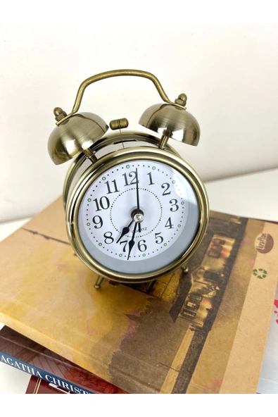 QUARTZ Orta Boy Metalik Sarı Çift Çanlı Fosforlu Işıklı Çalar Masa Saati (KASA ÇAPI: 8CM) ürün görseli 1