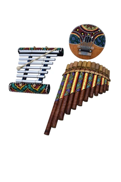 Wolawood El Yapımı 3'lü Set Doğal Bambu Pan Flüt, Ksilofon, Coconat Kalimba Aborjin Desenli Otantik Müzik ürün görseli 1