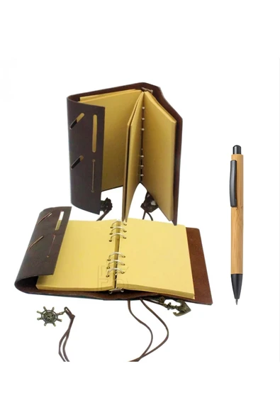 Wolawood El Yapımı Deri Kapaklı Defter Bambu Touchpen Kalem Hediyeli Set Vintage Günlük Ajanda Özel Hediyelik ürün görseli 1