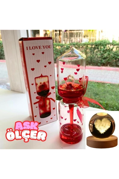 Wolawood Aşk Ölçer & Kalp Kristal Cam Küre 2'li Set Romantik Paket Sevgiliye Hediye Özel Günler İçin Takım ürün görseli 1