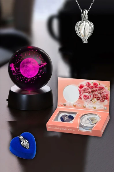 Wolawood Özel İstiridye İnci Kolye ve Kristal Cam Kar Küresi İkili Hediye Seti Romantik Anlamlı Sürpriz Paket ürün görseli 1