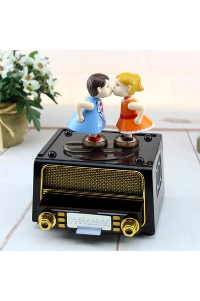 EXENET Özel Üretim Nostaljik Radyo Temalı Hareket Edip Öpüşen Çift Kurmalı Müzik Kutusu Sevgiliye Hediye ürün görseli 1