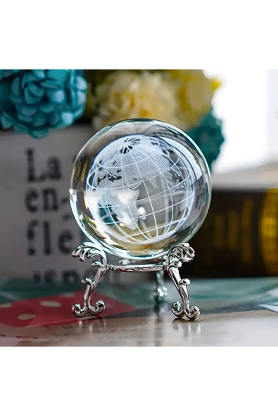 Wolawood Dünya Haritası Temalı 3D Kristal Cam Küre Metal Standlı Şık, Zarif, Biblo Dekoratif Hediyelik Seti ürün görseli 1