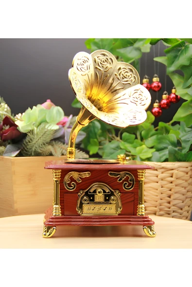 Wolawood Gramofon Müzik Kutusu Kurmalı Çekmeceli Takı Kutulu Nostaljik Dekor Hediyelik Retro Antika Tasarım ürün görseli 1