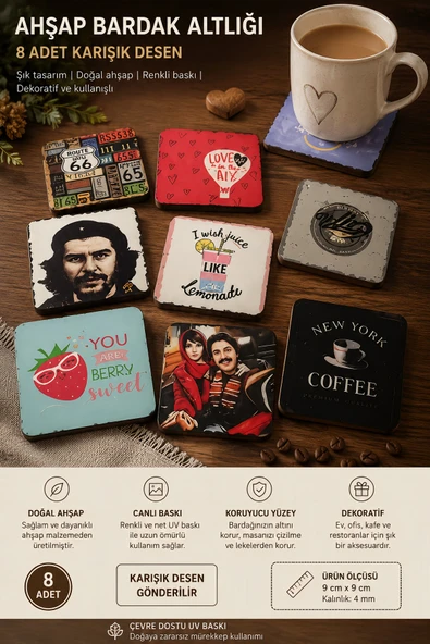Wolawood 8’li Ahşap Bardak Altlığı Seti – Karışık Desenli Dekoratif Kupa Altlığı Koleksiyonu | Vintage, Retro, Sanatsal & Eğlenceli Tasarım Premium Seri Masa Koruyucu Set Sekiz (8) Adet ürün görseli 1