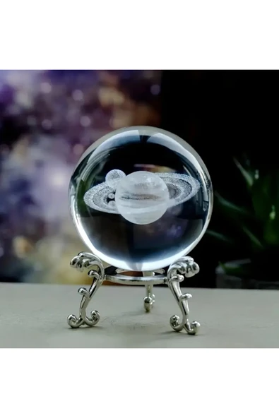 Wolawood Kristal Cam Kar Küresi Halkalı Satürn Gezegeni Metal Standlı Şık Zarif Özel Dekoratif Hediyelik Set ürün görseli 1
