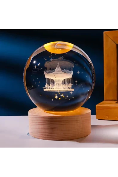 Wolawood Atlıkarınca 3D Kristal Cam Kar Küresi Doğal Ahşap Standlı USB Kablolu LED Işıklı Hediyelik Lamba Set ürün görseli 1