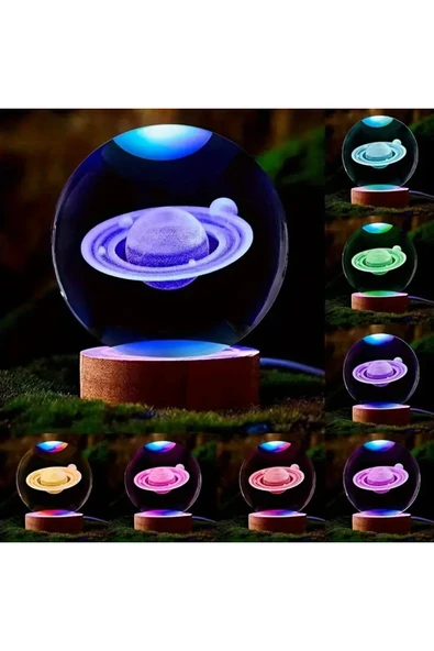 Wolawood Halkalı Satürn Gezegeni Galaksi 3D Kristal Cam Kar Küresi Renk Değiştiren USB Ahşap Standlı Dekor ürün görseli 1