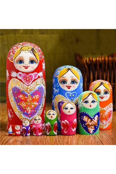 Wolawood Doğal Ahşap Matruşka Bebek El Yapımı El Boyaması Nostaljik Vintage Dekoratif Hediyelik Süs 5'li Seri ürün görseli 1