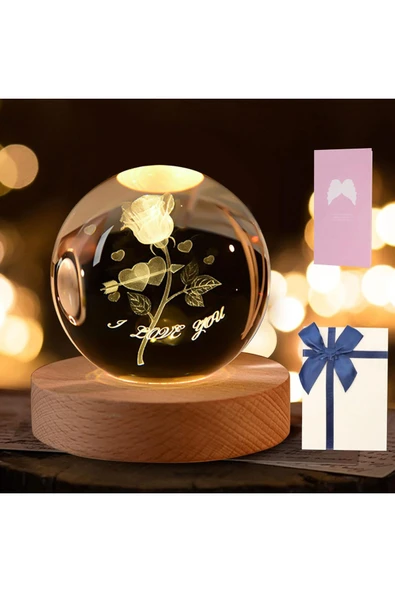Wolawood I Love You Kristal Cam Kar Küresi 3D LED Işıklı Dekor Lamba USB Ahşap Standlı Şık Hediyelik Özel Set ürün görseli 1