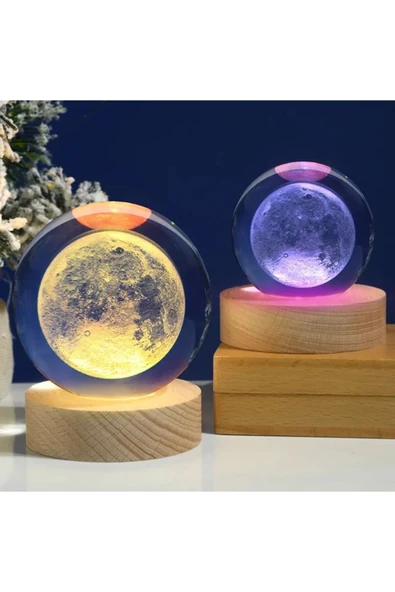 EXENET Kristal Cam Küre 3D Boyutlu Renkli USB Ahşap Taban Dekoratif Özel Hediyelik Eşya Süs Biblo Lamba Set ürün görseli 1