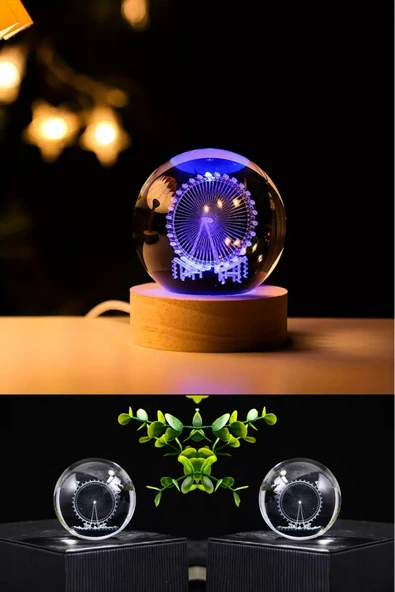 Wolawood Premium Kristal Cam Kar Küresi 3D Işıklı RGB'li Lamba Ahşap Taban LED Dekoratif USB'li Hediyelik Set ürün görseli 1