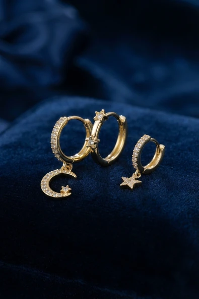3 lü Ay ve Yıldız Model Gold Renk Set Küpe ürün görseli 1