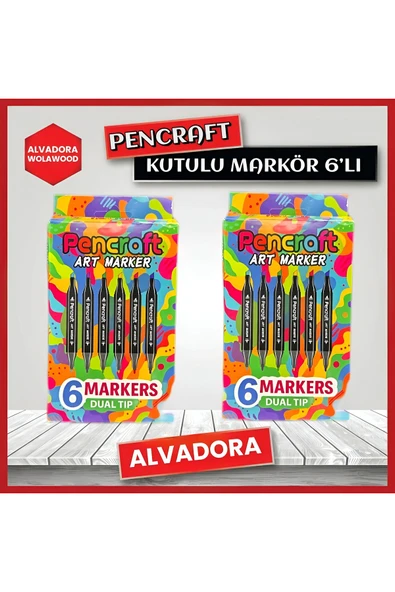 Wolawood Kutulu 6’lı Marker Kalem Seti Çift Uçlu Keçeli Kalın & İnce Uç Renkli Takım Çizim Boyama Kalemleri ürün görseli 1