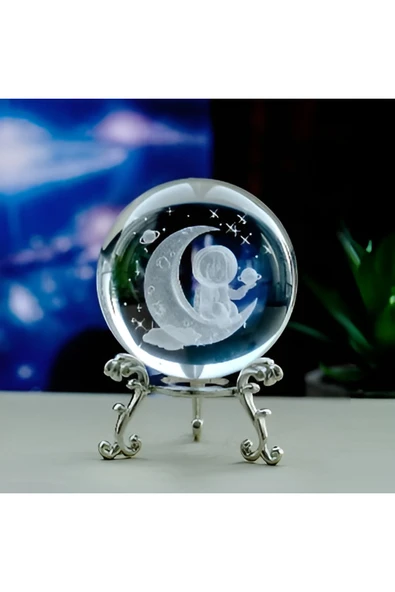 EXENET Kristal Cam Küre Metal Ayaklı Dekoratif Hediyelik Kar Küresi Standlı Astronot Hilal Temalı Özel Seri ürün görseli 1